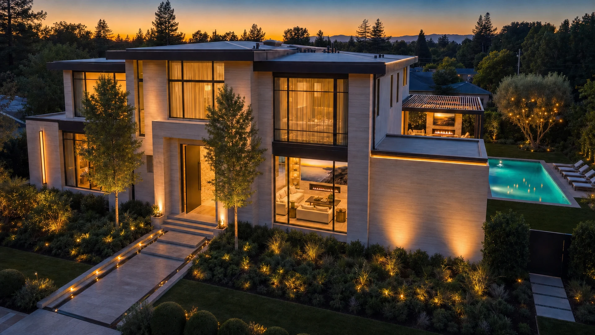 Concept visualization of a modern home at dusk with warm interior lighting, landscaped entry, and a pool